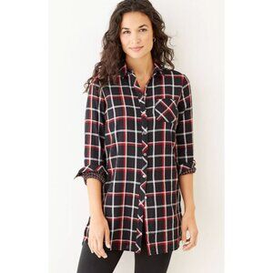 J. Jill Womens Double Cloth Button Up Tunic Shirt Size S Black Red Plaid Casual